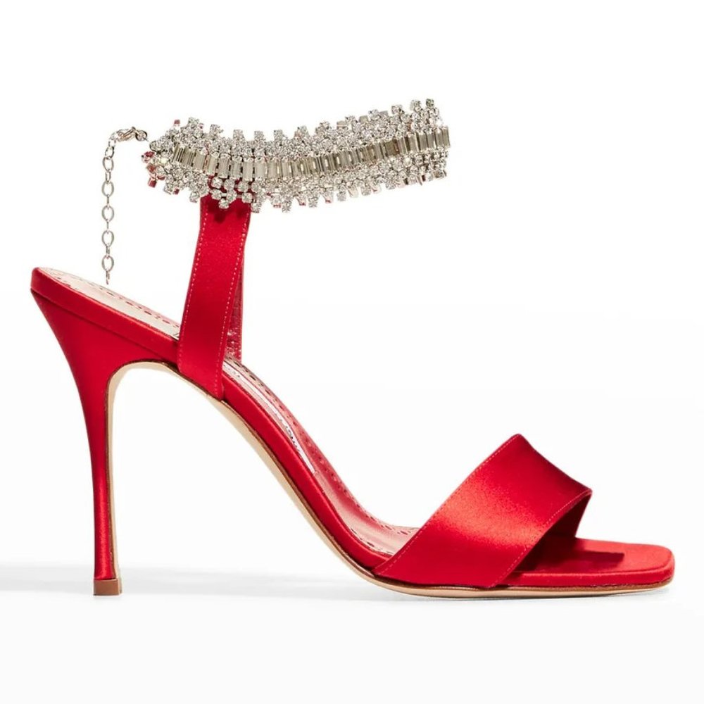 NEW Manolo Blahnik Size 38.5 EU Parinasan Embellished Ankle-Strap Sandals, Red